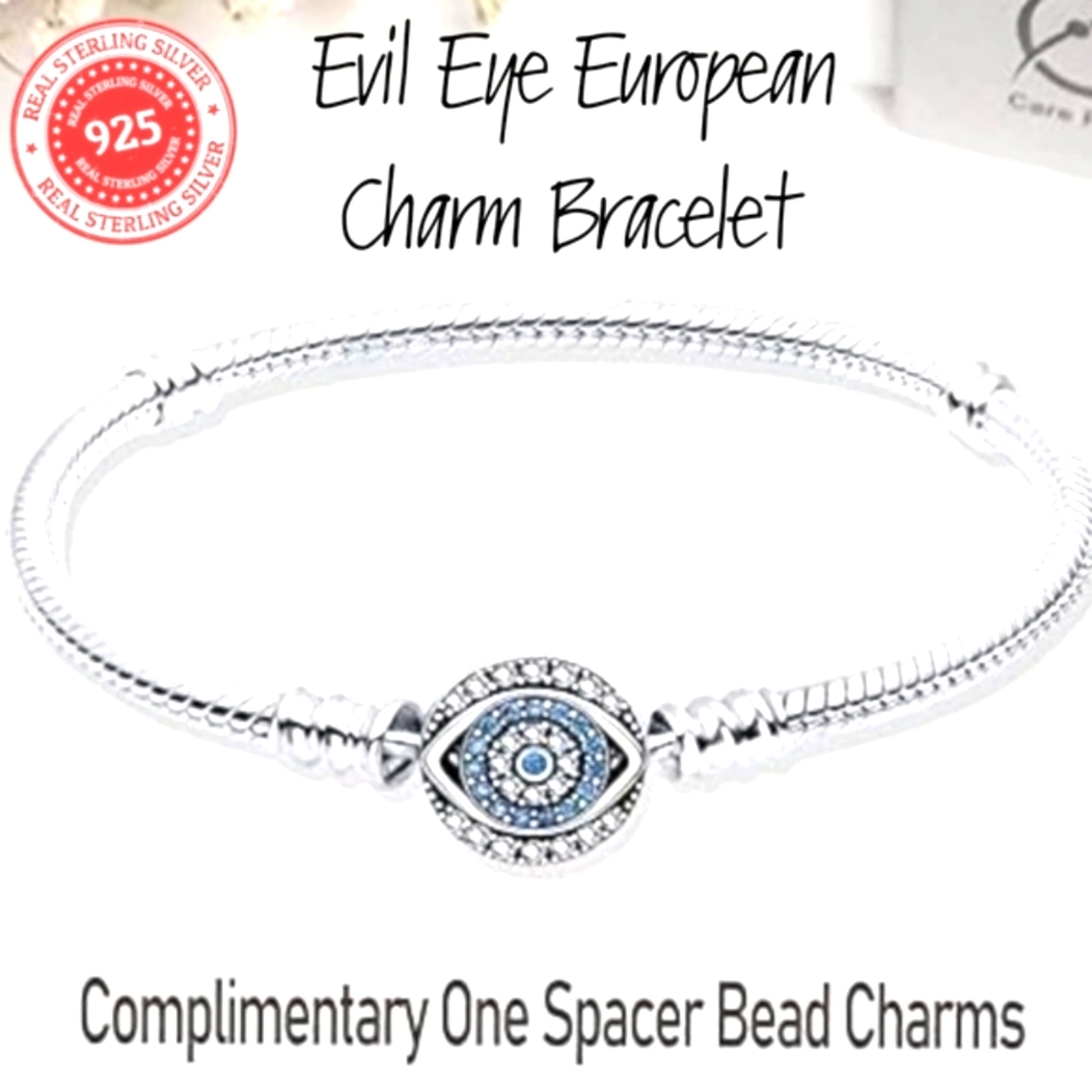 NIB 925 Sterling Silver Snake Chain European Charm Ctystal Evil Eye Bracelet